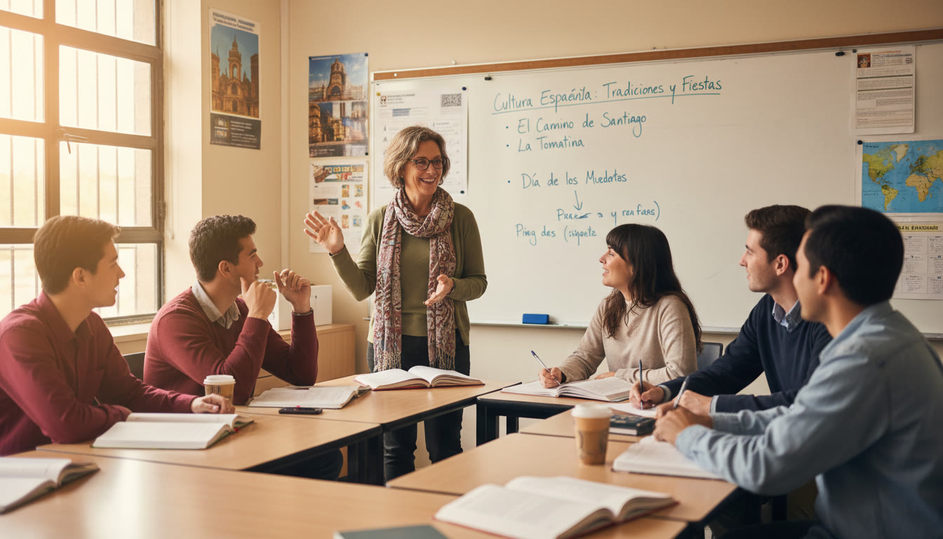 Photo Idea : An in-class discussion scene with a professor and students conversing in the target language, showing engagement, a whiteboard with cultural notes, and an atmosphere of curiosity and warmth.