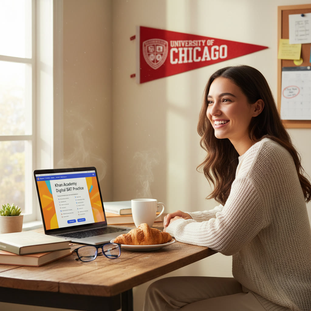 Photo Idea : A focused student studying at a wooden desk with a laptop open to digital SAT practice, a cup of coffee, and a University of Chicago pennant on the wall—natural daylight, warm tones.