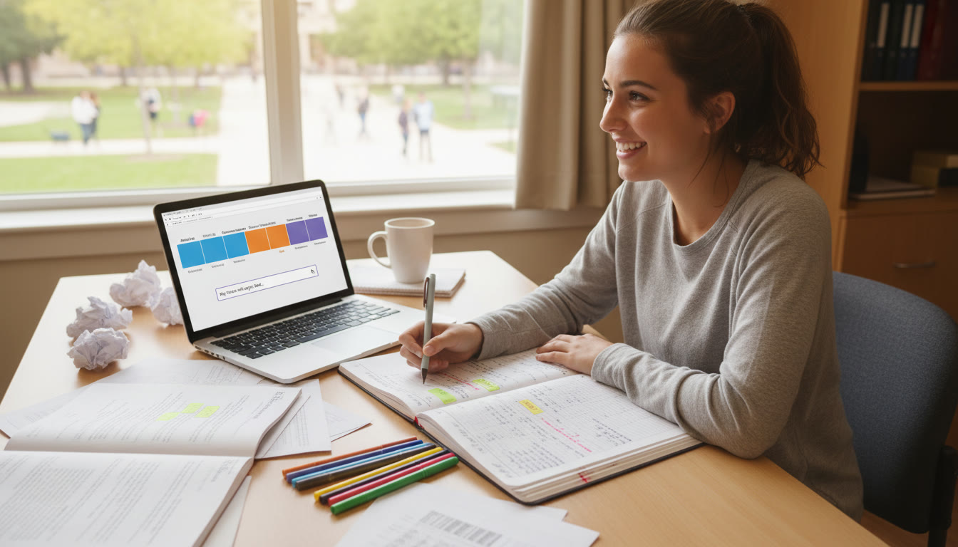 Photo Idea : Student at a desk with open documents, colored pens, and a laptop displaying a timeline — visualizing the DBQ workflow and planning a thesis.