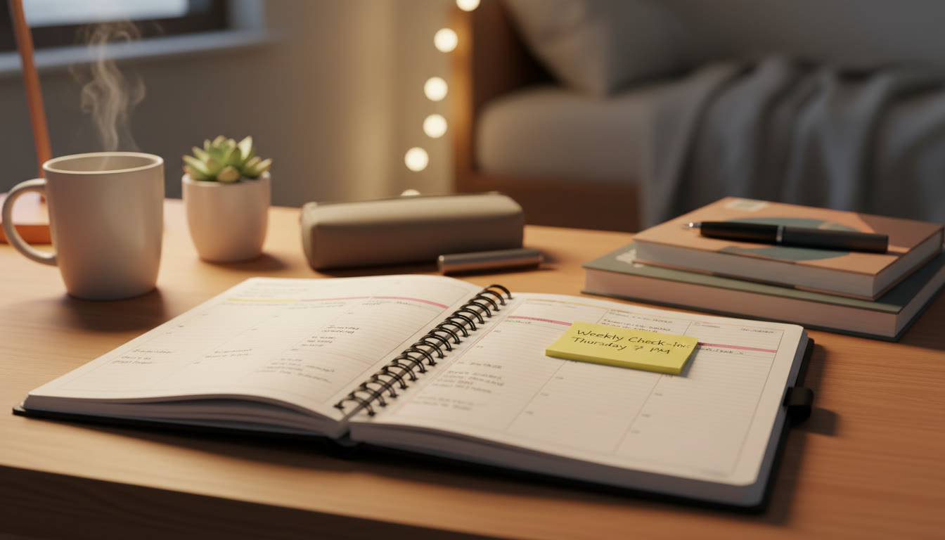 Photo Idea : Close-up of a study workspace with a tidy planner and a sticky note reading “Weekly Check-In: Thursday 7 PM”; warm, focused composition suggesting intentional planning and calm communication.