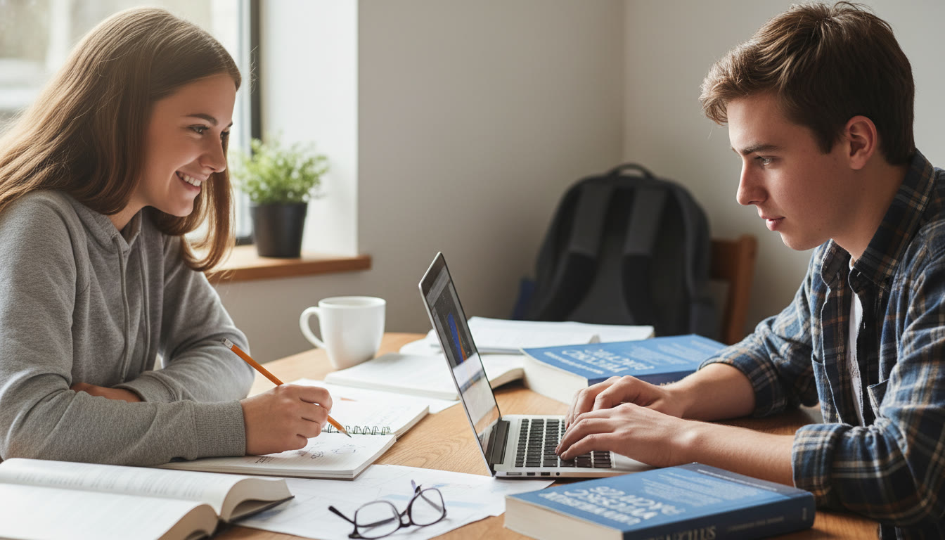 Photo Idea : A bright, candid photo of two high-school students in a study session — one explaining a physics concept on a notebook while the other types on a laptop. Natural light, casual environment, textbooks and a coffee mug visible.