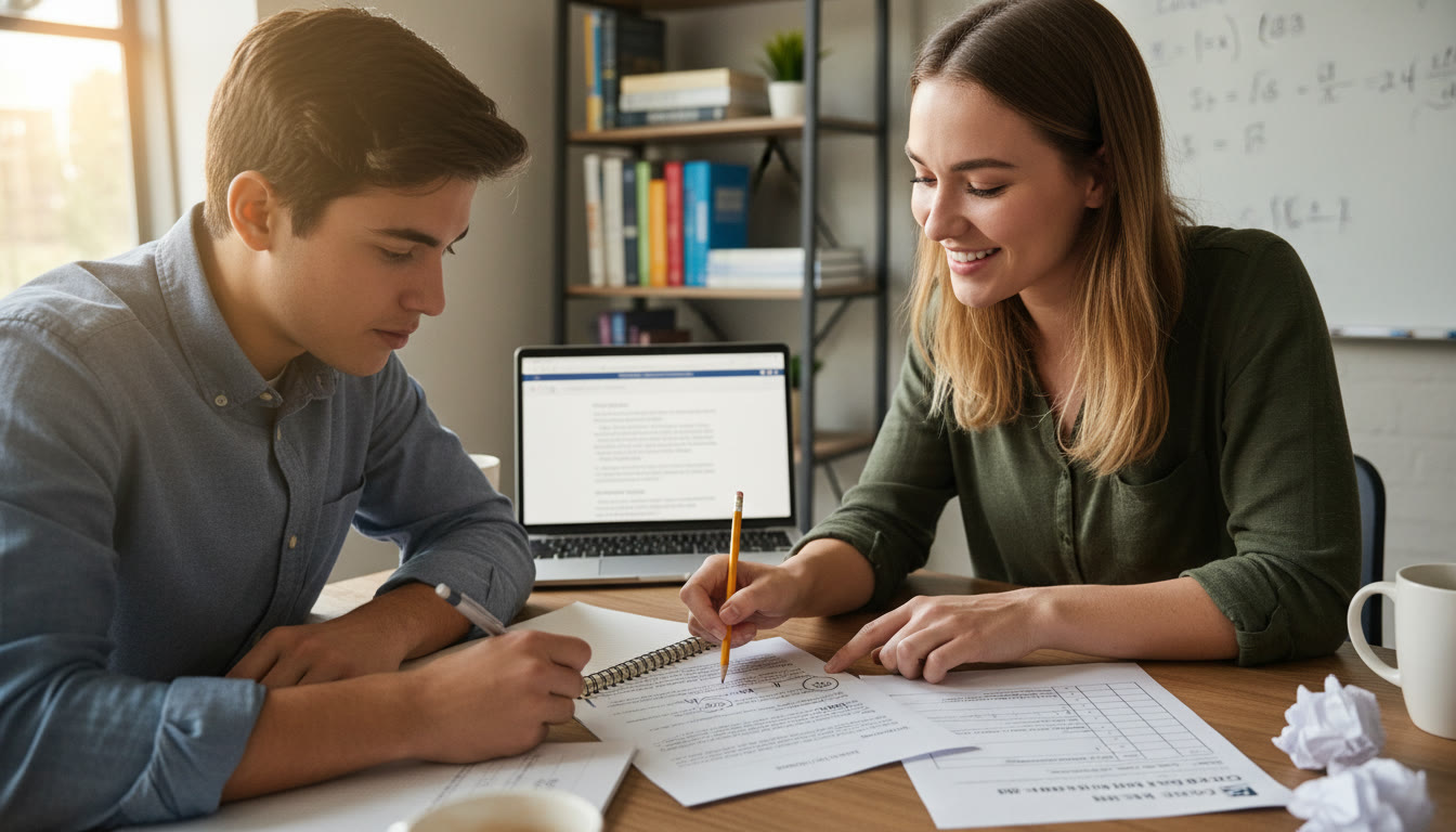Photo Idea : A tutor and student leaning over an essay, pointing to a rubric and annotating a paragraph together—captures collaborative feedback and the personalized guidance Sparkl offers.