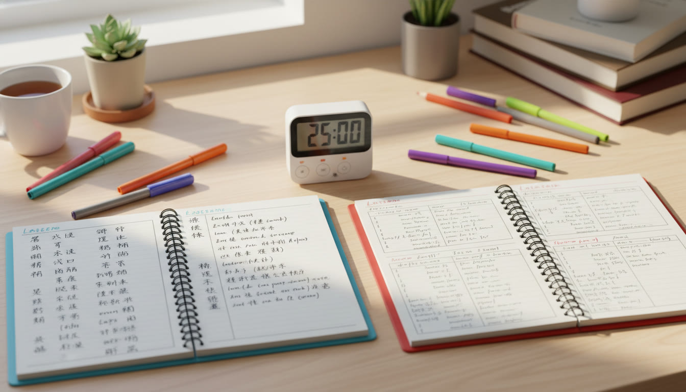 Photo Idea : A bright, cozy study desk with two open notebooks—one with Chinese characters and pinyin, the other with Latin text and glosses—alongside a timer and colored pens. This evokes the mixed-discipline practice mood and should appear near the start of the article to set the tone.
