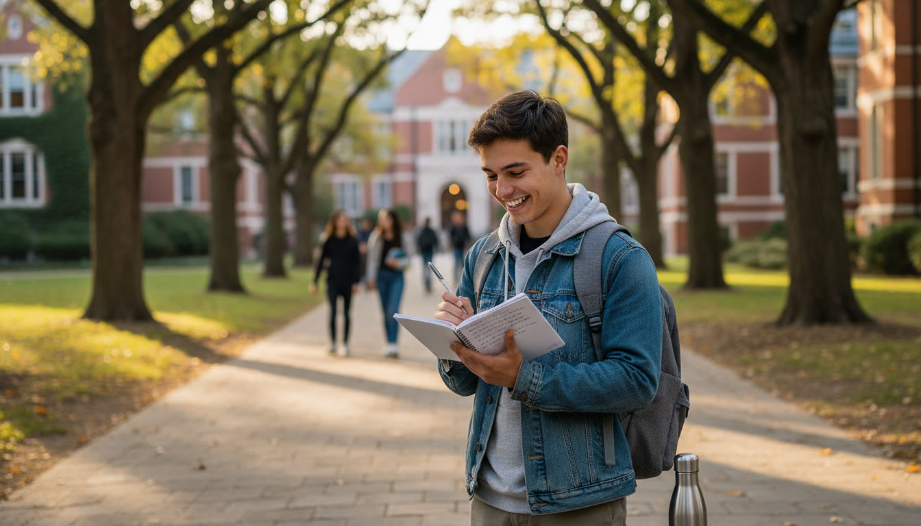 Photo Idea : A student in a backpack pausing on a tree-lined path, looking at notes in hand — sunlight dappling the trail and a reusable water bottle beside them.