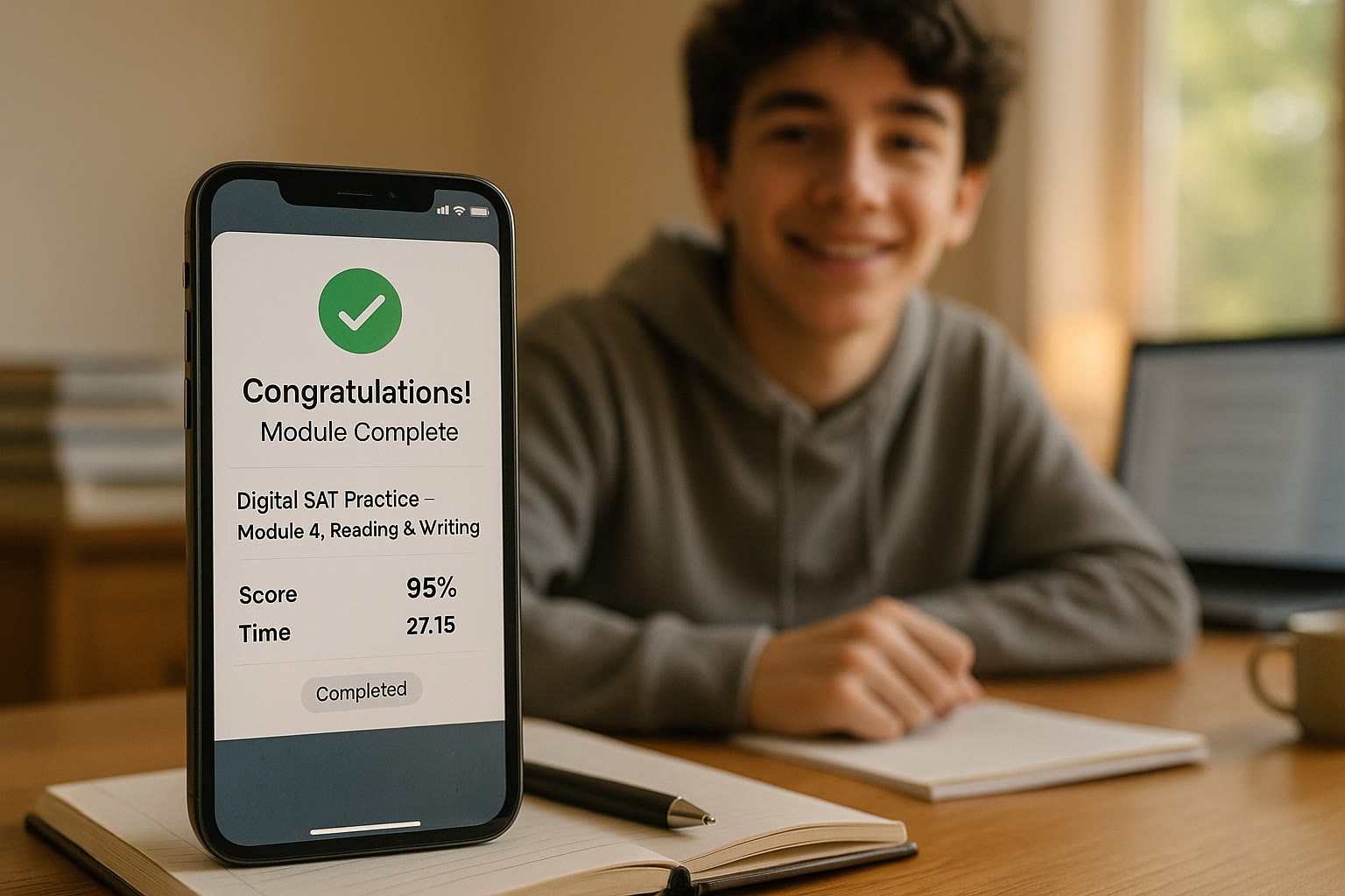 Photo Idea : A smartphone screen showing a congratulatory message and a completed digital SAT practice module in the background, with a teen smiling.