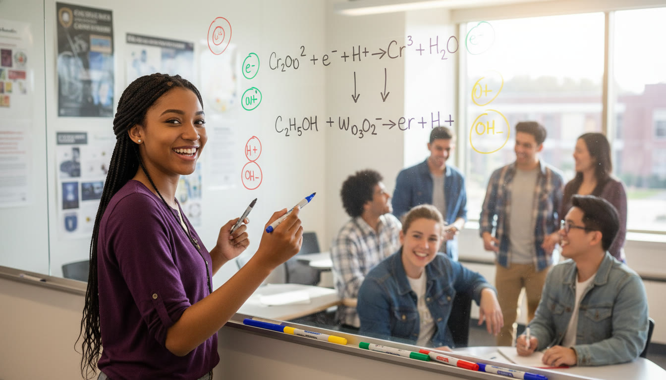 Photo Idea : A student working at a whiteboard balancing redox half-reactions, colored markers showing electrons, H2O, H+, and OH− — dynamic classroom or tutoring session vibe.