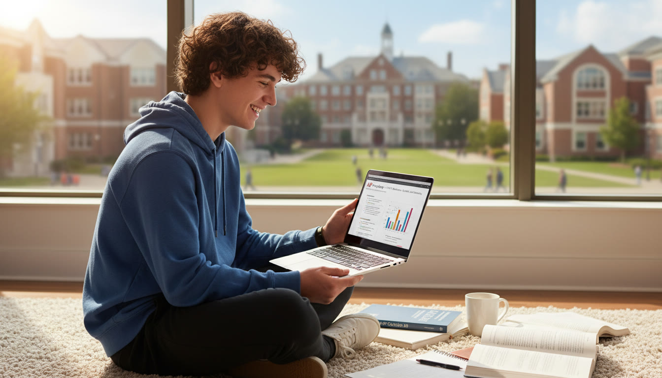 Photo Idea : A bright, welcoming study scene showing a high school student happily reviewing AP notes on a laptop with a college campus blurred in the background — representing the bridge between AP exams and university life.