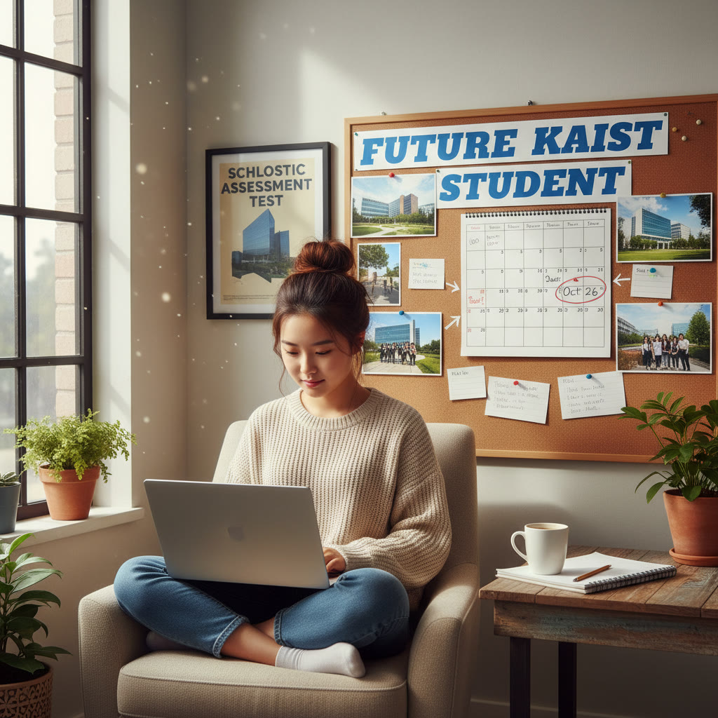 Photo Idea : A focused student working on a laptop in a cozy study spot, with KAIST campus photos pinned on a corkboard behind them — conveys aspiration and focused planning.