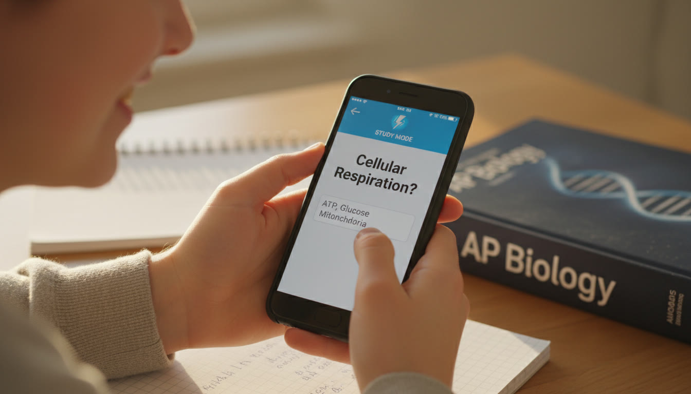 Photo Idea : Close-up of a student’s hand holding a phone showing a flashcard app, warm afternoon light, a notebook and AP textbook blurred in the background. This image should appear near the start to set the tone for mobile study.