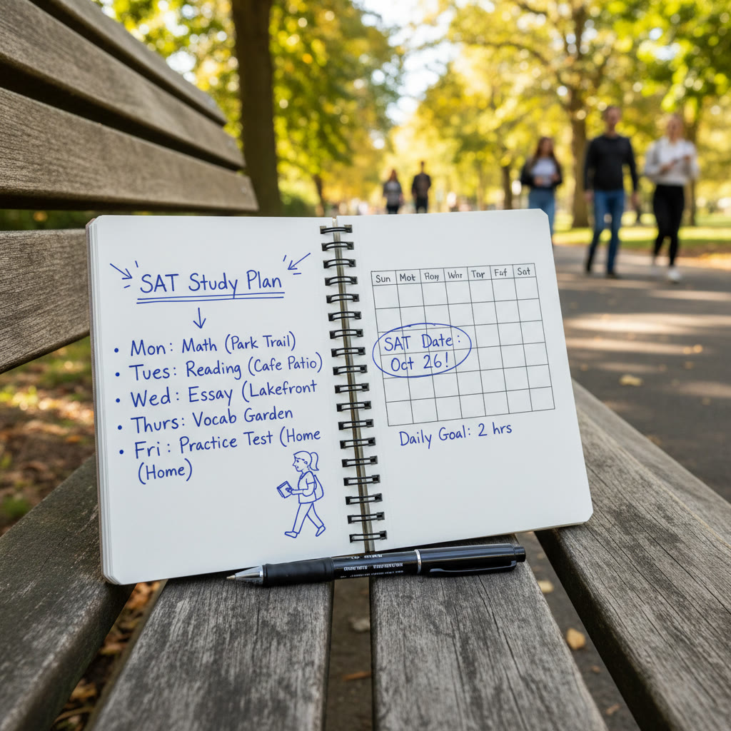 Close-up of a notebook with a quick study plan sketch and a pen, placed on a park bench: a visual prompt for planning a walk+study routine.