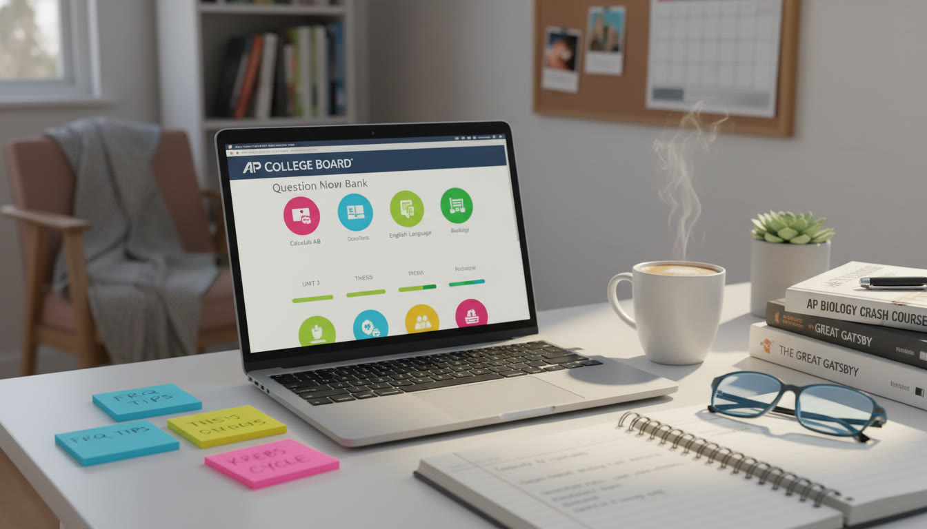 Photo Idea : A tidy desk with a laptop showing a digital question bank dashboard, color-coded sticky notes, and a cup of coffee — conveys organized focused study in a cozy, realistic student setting.