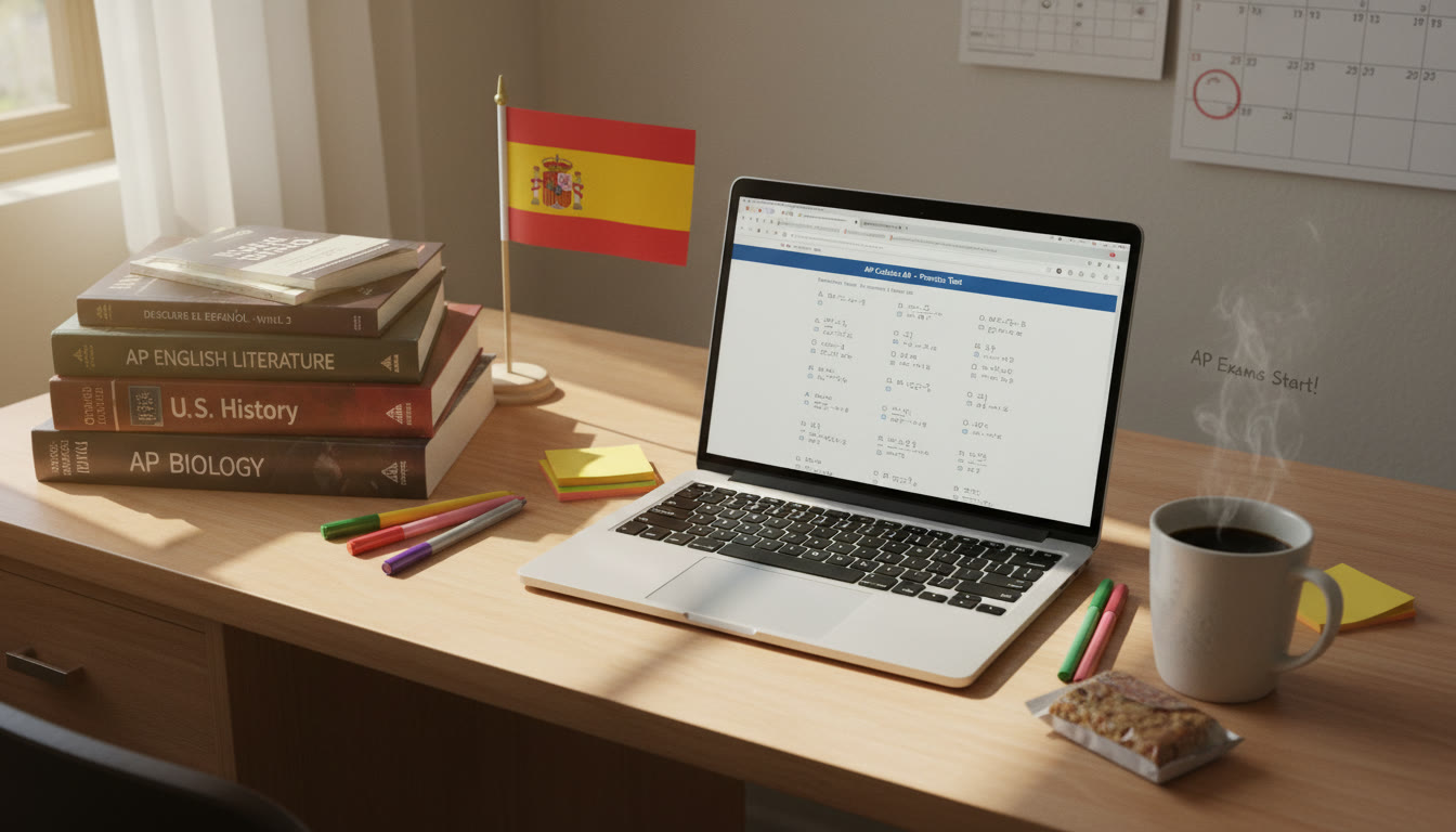 Photo Idea : A bright overhead shot of a student’s desk with AP textbooks, a laptop showing practice problems, a small Spanish flag, and a cup of coffee — evokes preparation and international aspiration.