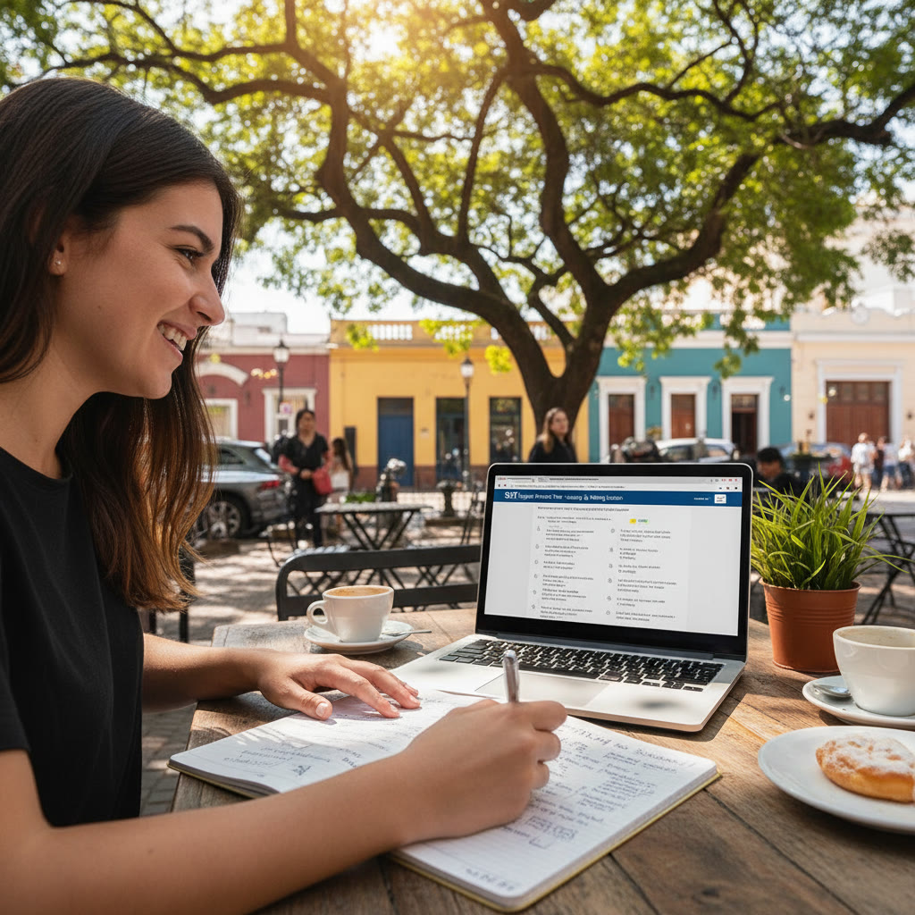 Photo Idea : A candid shot of a hopeful student studying at a sunny café in Buenos Aires, annotated with notes and a laptop open to a practice SAT digital test interface.