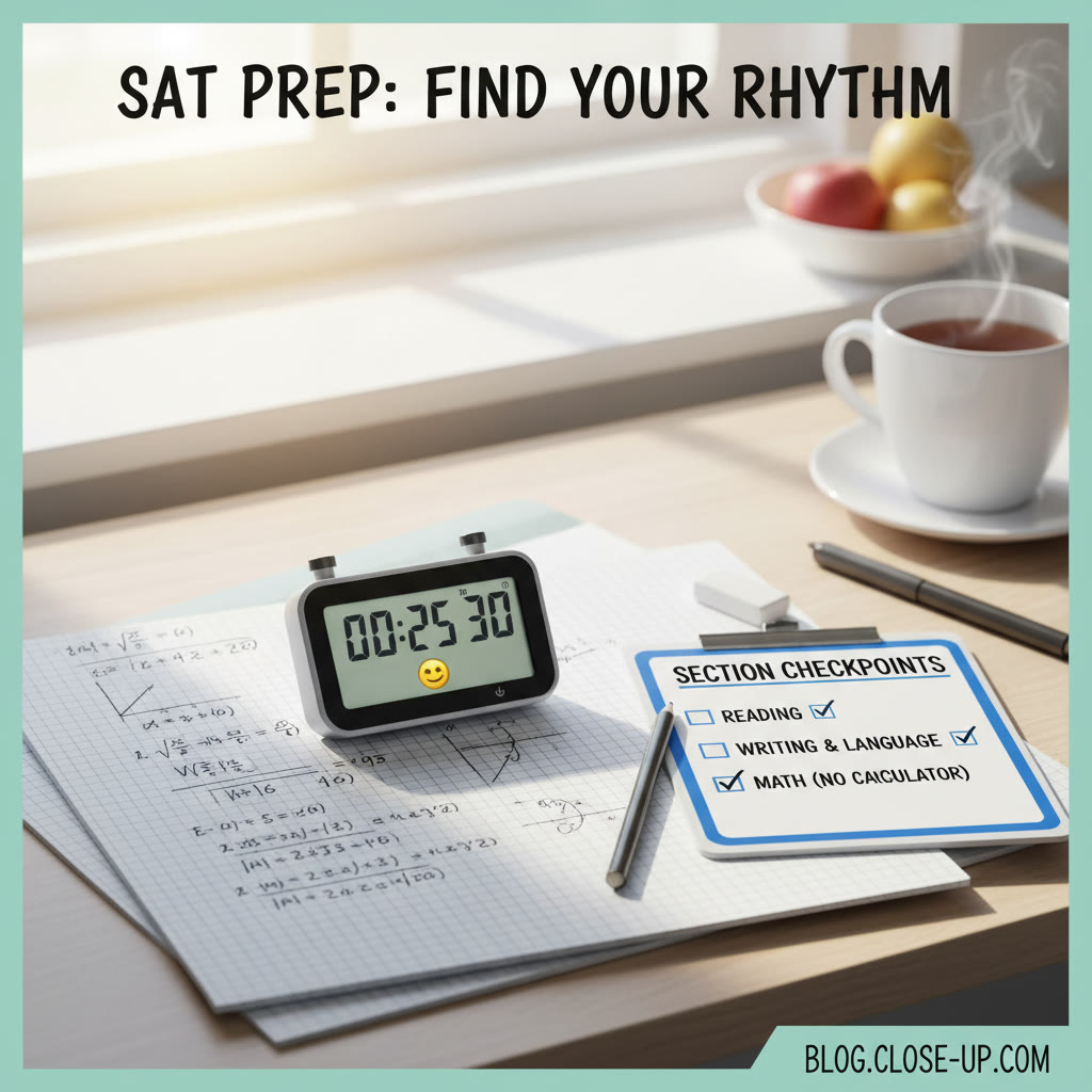 Close-up of a practice desk with a stopwatch, scratch paper full of math work, and a small checklist titled