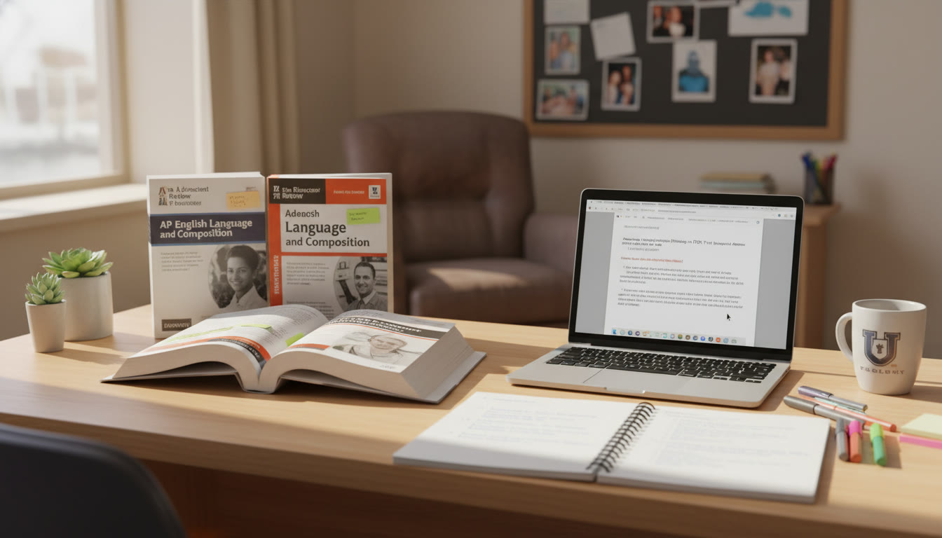 Photo Idea : A bright study desk with open AP prep books, a laptop showing an essay draft, a notebook with a bulleted outline — capturing the work-in-progress nature of argument-building.