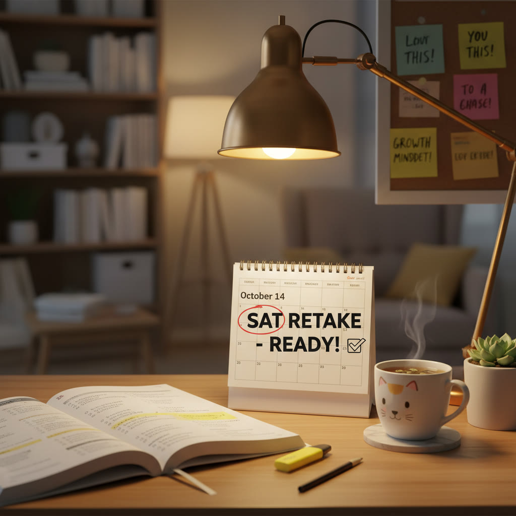 A quiet study scene: a desk lamp, open practice booklet, and a calendar with a planned retake date circled
