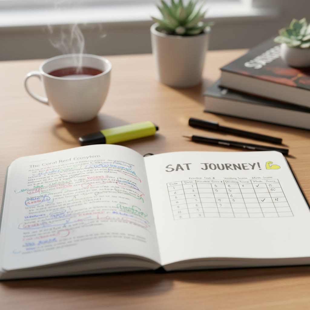 Close-up of annotated SAT passage and a small tracking table in a notebook, illustrating active review and progress tracking.