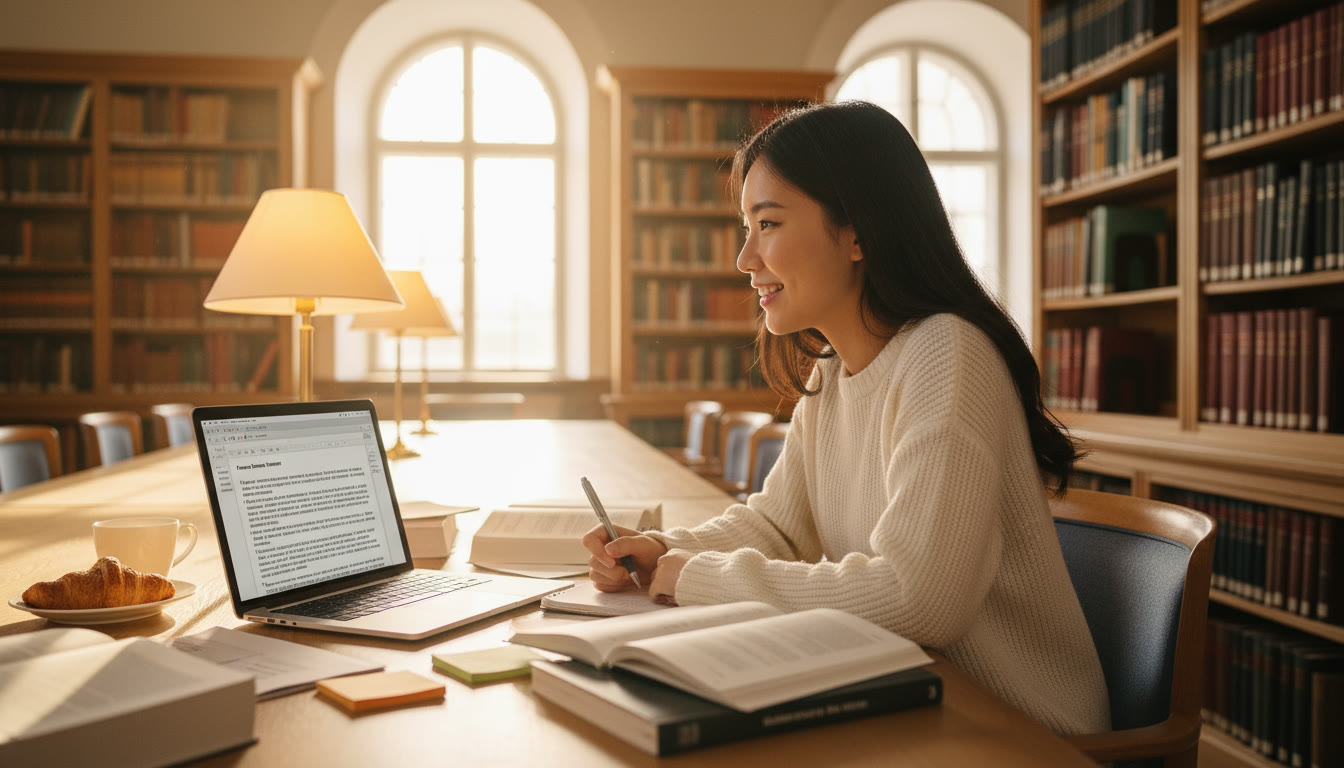 Photo Idea : A bright study scene of an international student in a library in Lund, surrounded by notes and a laptop, smiling as they write a personal statement — captures focus, warmth, and academic momentum.