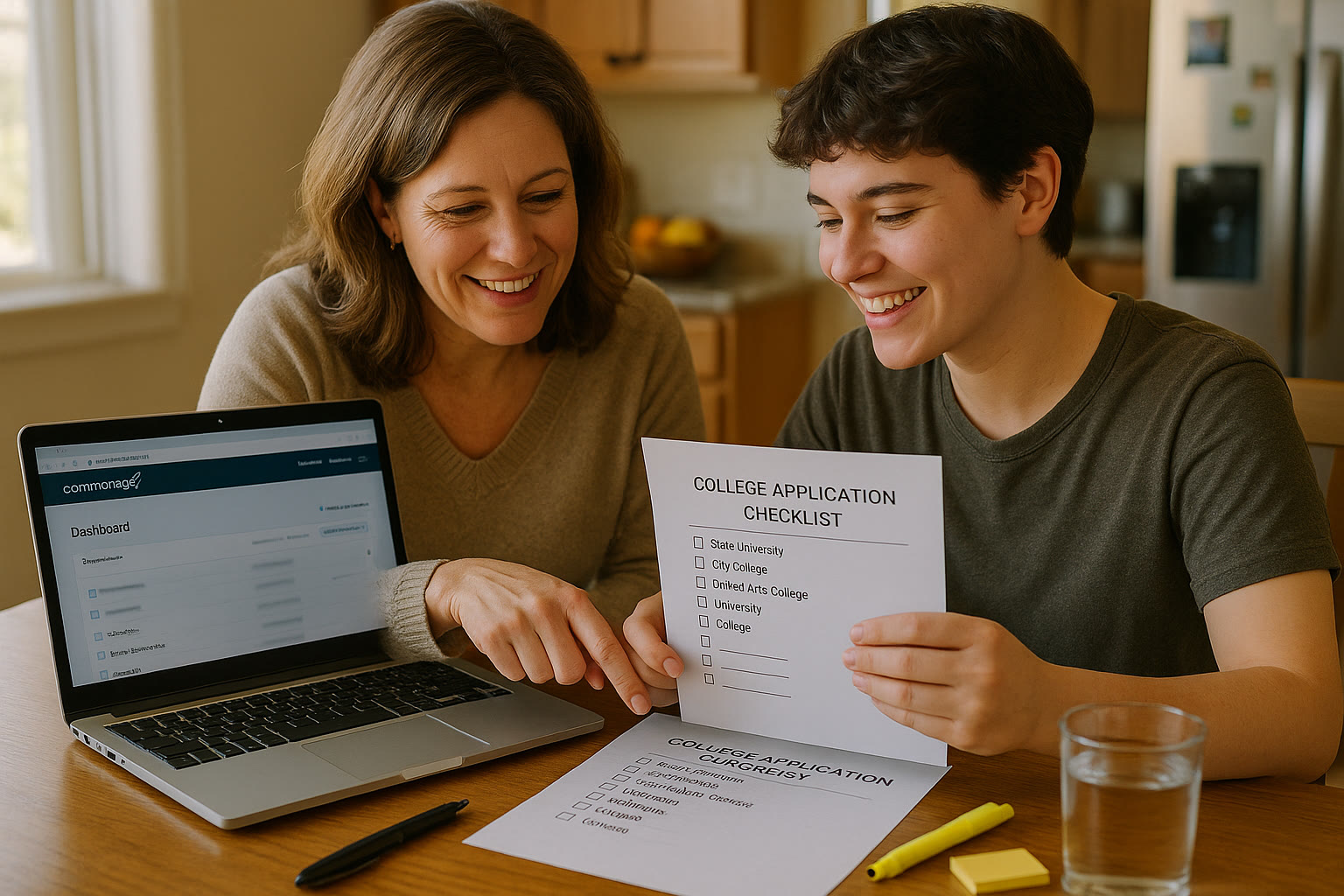 Photo Idea : A parent and student reviewing an application checklist at a kitchen table, with a laptop showing the Common App and a printed list of colleges. Warm, collaborative mood.