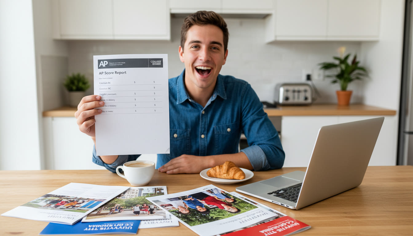 Photo Idea : A smiling student holding up an AP score report while sitting at a kitchen table with a laptop and college brochures, suggesting celebration and planning. (Place near the top to set a positive, practical tone.)