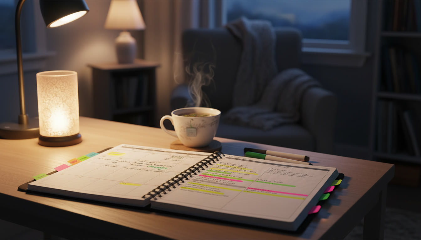 Photo Idea : A cozy study corner at dusk—soft lamp light, a neatly organized planner, a cup of tea, and a single open notebook with highlighted lines. This image should evoke calm, focus, and readiness for night-before review.