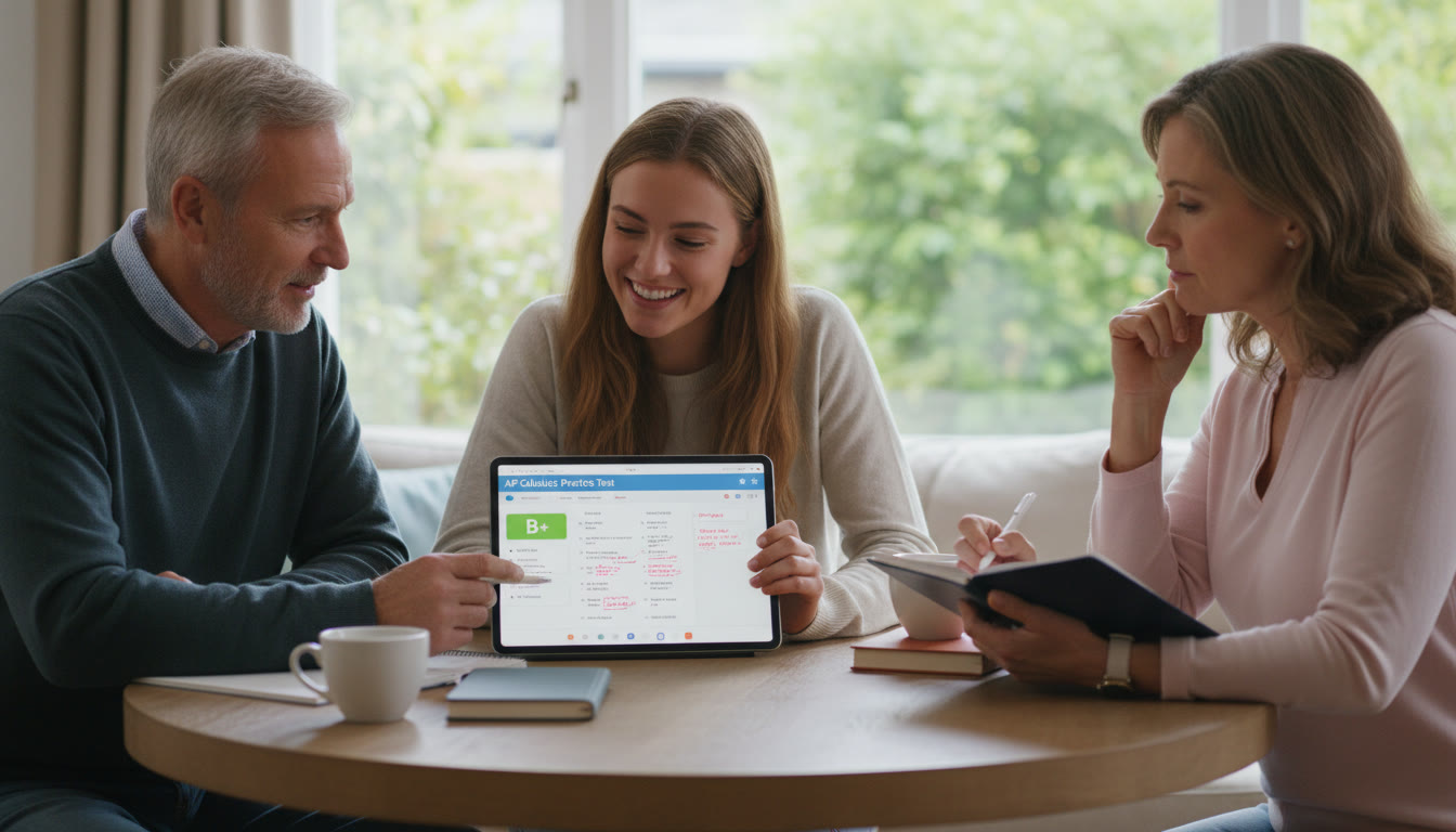 Photo Idea : A warm tutoring session with a student and an expert tutor reviewing a graded practice test on a tablet, while a parent takes notes — highlights the power of 1-on-1 guidance and actionable feedback.
