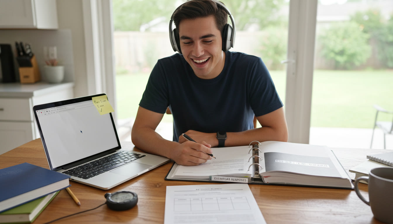 Photo Idea : A student at a kitchen table doing a timed FRQ with headphones on, binder open to the Exemplar tab, a printed rubric beside a laptop, and a sticky note with 