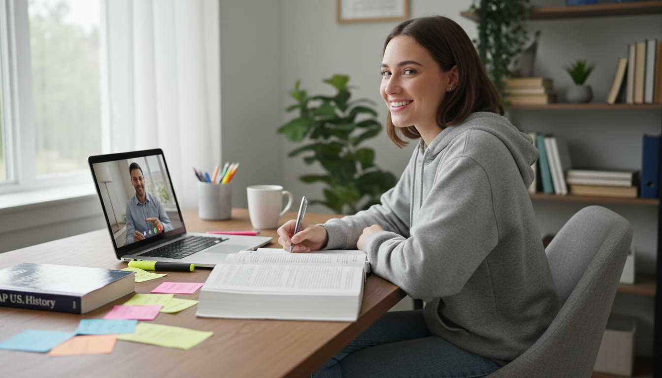 Photo Idea : A calm, focused study session — a student using a laptop, an open textbook, and notes with vocabulary cards. A tutor is visible on a tablet screen in a video session, highlighting that one-on-one, personalized help can be part of a modern AP study routine.