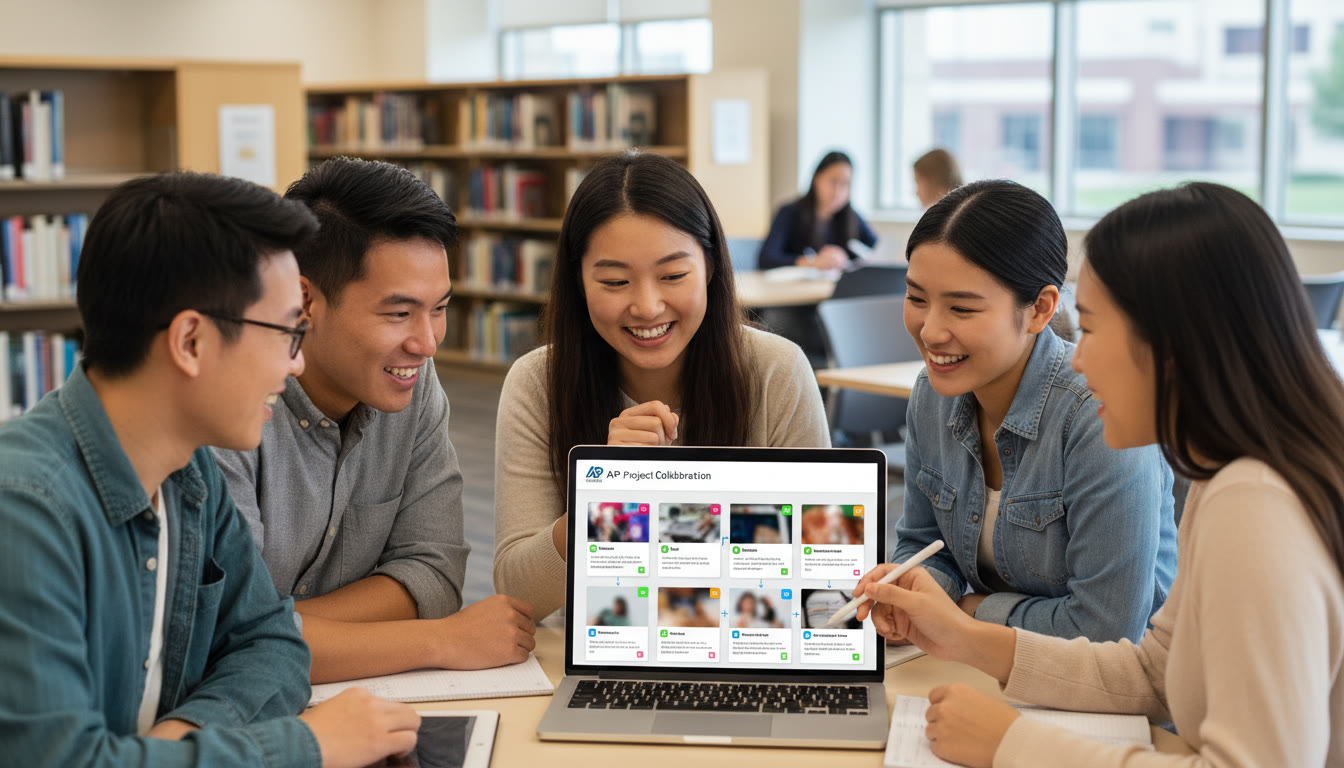 Photo Idea : A small study group huddled around a laptop with a tutor (or mentor) pointing to a shared digital dashboard with clear tags and checkboxes, illustrating collaboration and guided tagging in action.