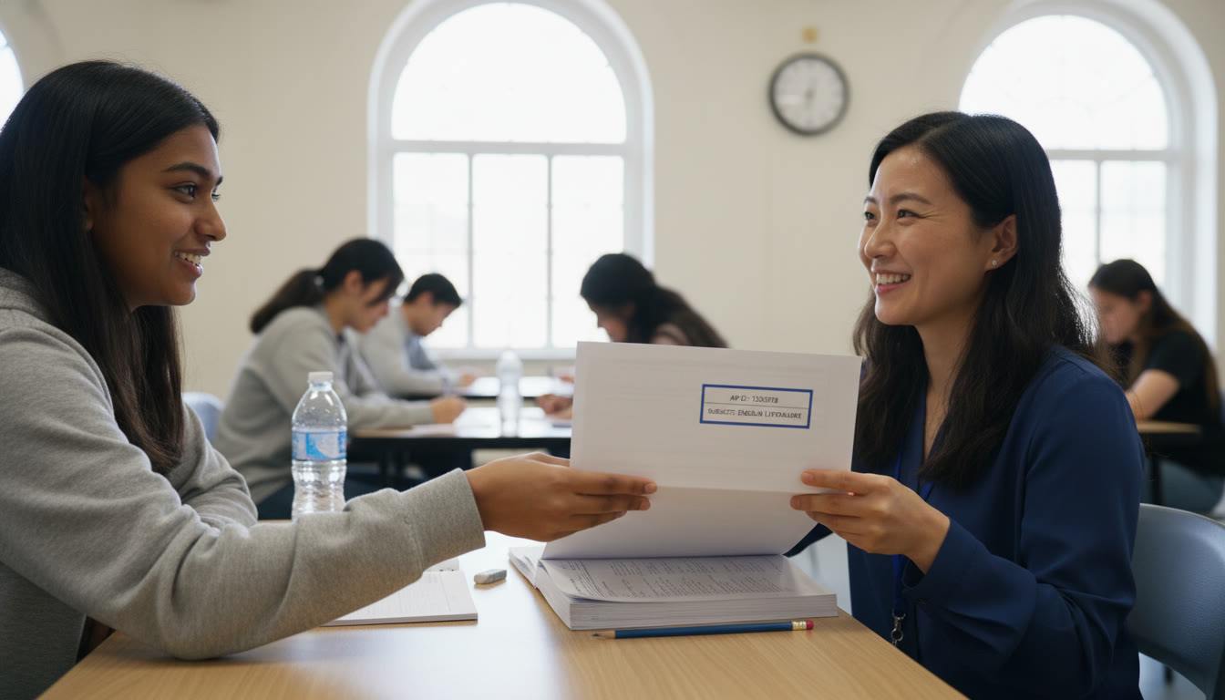 Photo Idea : A clean, well-lit photo of a student receiving a free-response booklet from a proctor; focus on hands exchanging the booklet and an AP ID label on the cover.