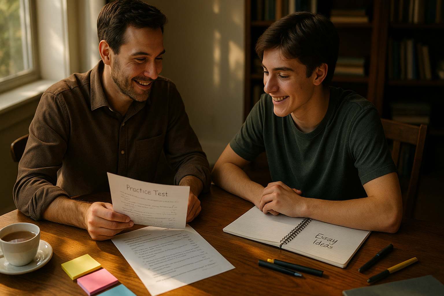 Photo Idea : A tutor and student reviewing a practice test and a notebook labeled “Essay Ideas,” both smiling, sunlight on sticky notes and a cup of tea—conveys collaboration and calm revision.