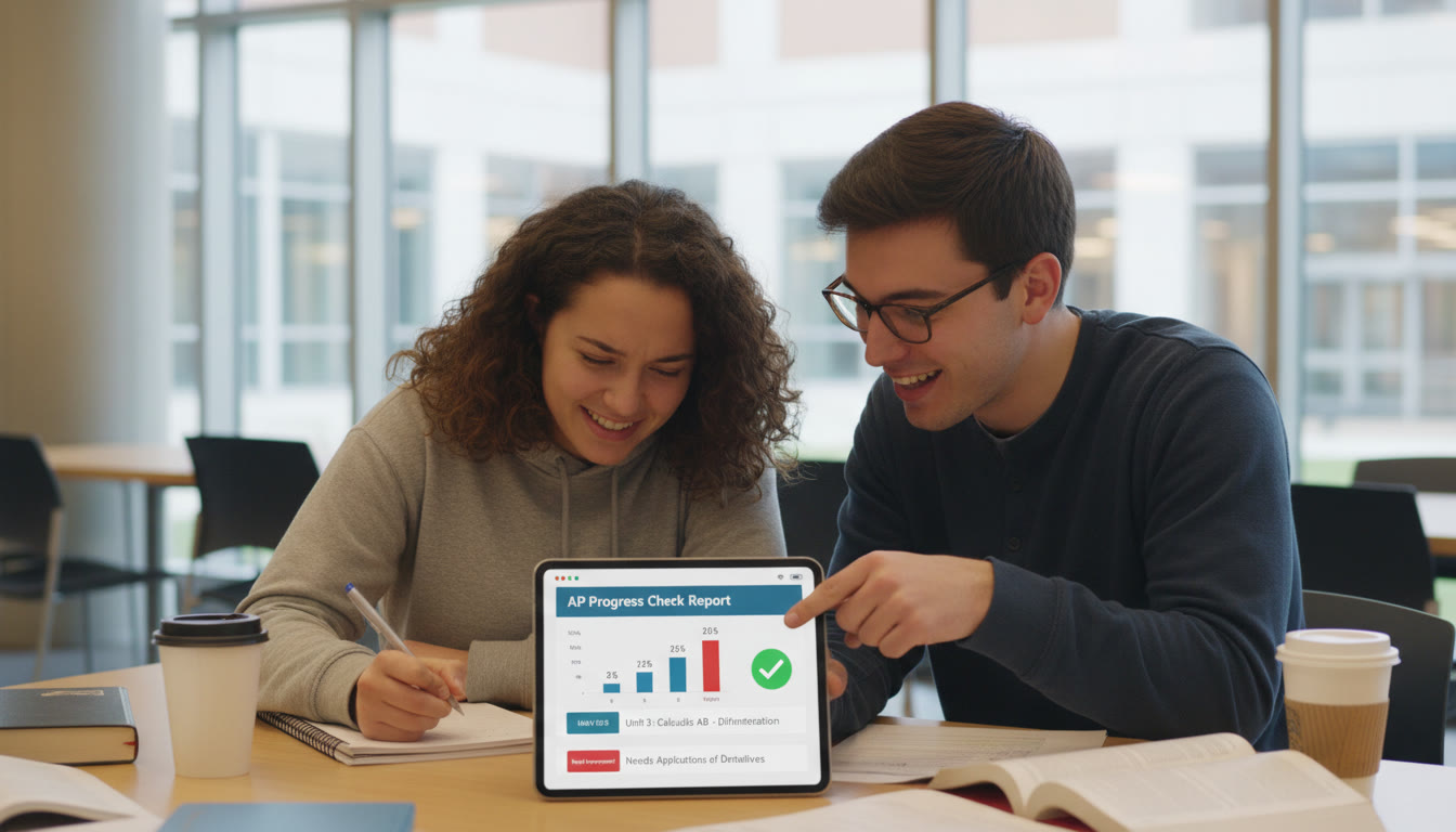 Photo Idea : A student and a tutor working together at a table with a tablet showing a progress-check report. The tutor points to a section while the student takes notes—this image should convey collaboration and focused problem-solving.