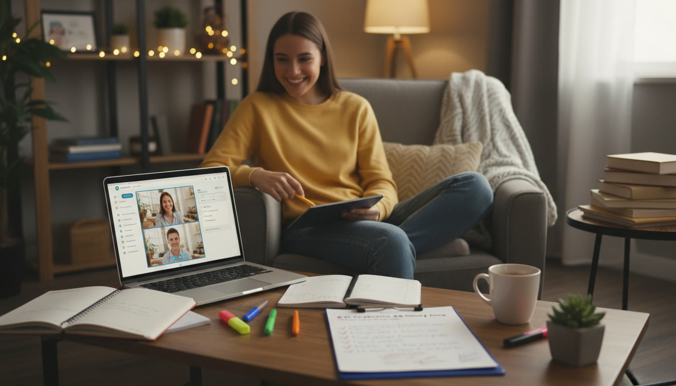 Photo Idea : A cozy study scene showing a student with a laptop using a tutoring platform, notes, and a checklist—conveys personalized guidance and structured study.