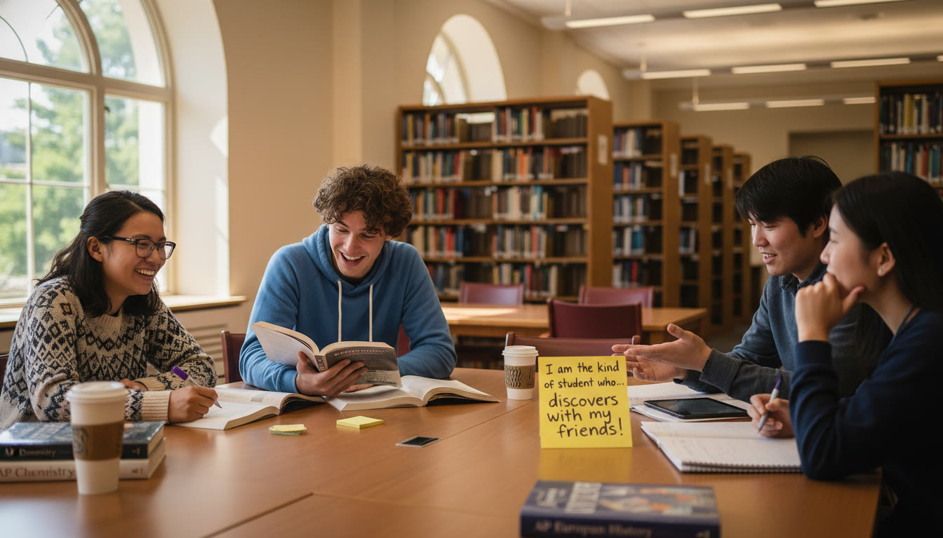 Photo Idea : A small group of students studying together in a sunlit library corner, one student reading aloud while another writes an 