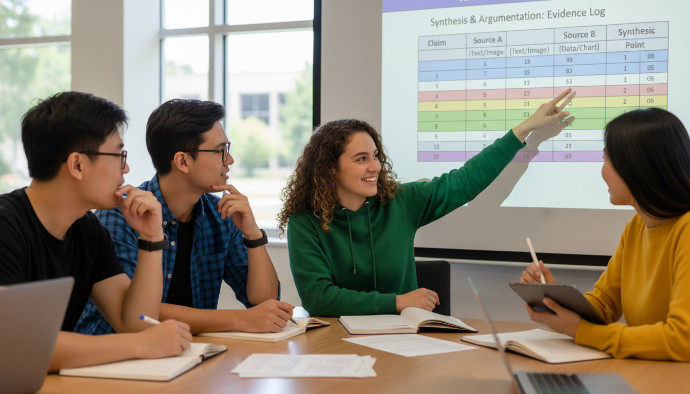 Photo Idea : A close-up of a student explaining a poster or slide to classmates, pointing to an evidence log or table — emphasizes synthesis and presentation skills in a collaborative setting.