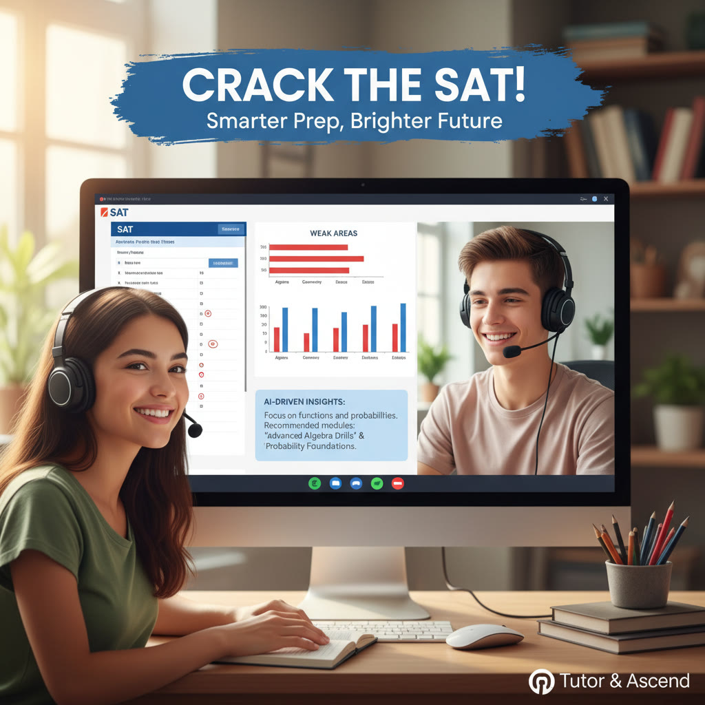 Tutor and student in a friendly 1-on-1 virtual session reviewing a practice test, with charts showing weak areas and AI-driven insights on screen