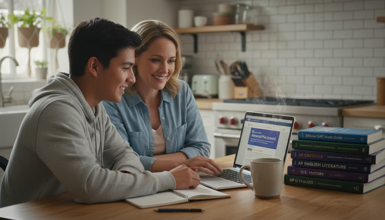 Photo Idea : A calm kitchen table scene with a high schooler and parent looking at a laptop and a stack of AP books and an SAT study guide, coffee mug nearby   conveys partnership and planning.