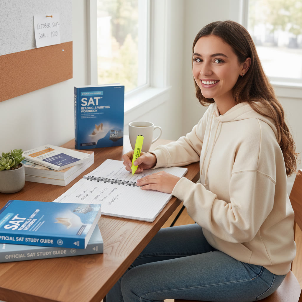Student sitting at a desk writing in a notebook with SAT practice booklets, highlighting a passage and jotting notes — shows focused, calm study session.