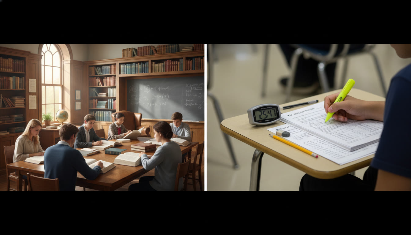 Photo Idea : A split-image showing a calm, book-lined classroom for A-Level study on the left and a typical AP exam desk with a stopwatch and printed passages on the right โ conveying depth versus timed-response focus.