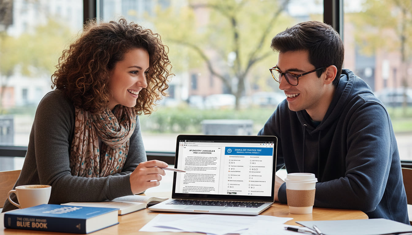 Photo Idea : A coaching scene with a tutor reviewing an AP free-response essay with a student on a laptop showing a Digital SAT practice screen symbolizing harmonized prep and personalized attention.
