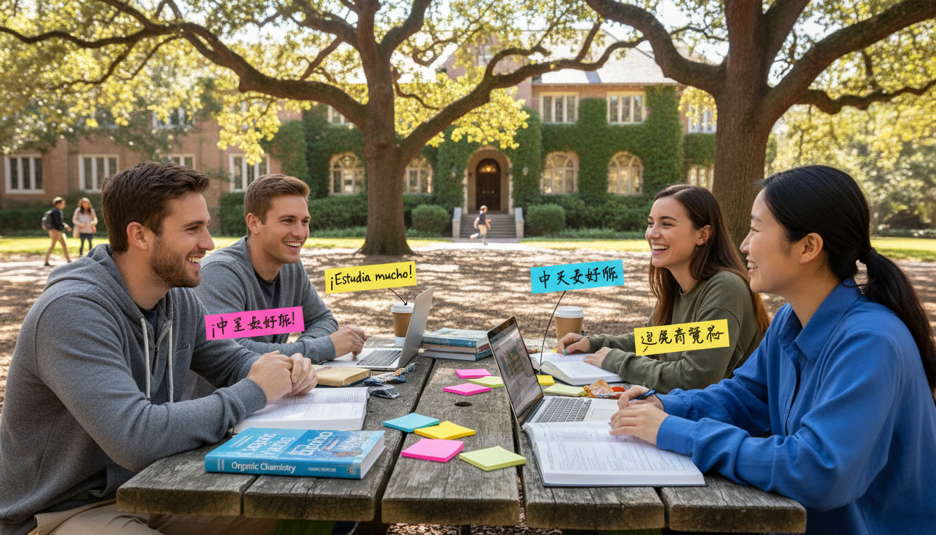 Photo Idea : A diverse group of college students sitting around a campus table, textbooks and laptops open, with sticky notes showing phrases in different languages—Spanish, Mandarin, Arabic—symbolizing language-major pairings.