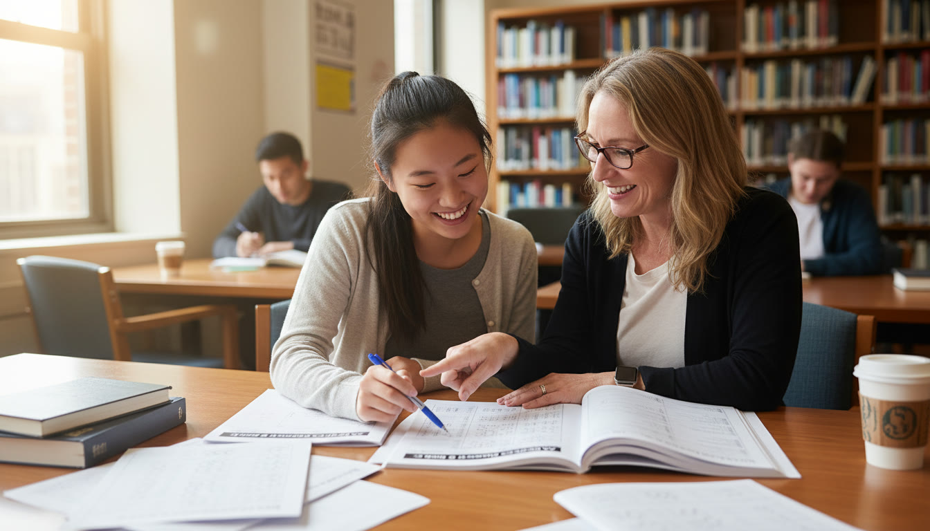 Photo Idea : A student and a tutor (or teacher) reviewing an answer sheet together, pointing to bubbles and booklets, illustrating calm remediation and focused coaching.