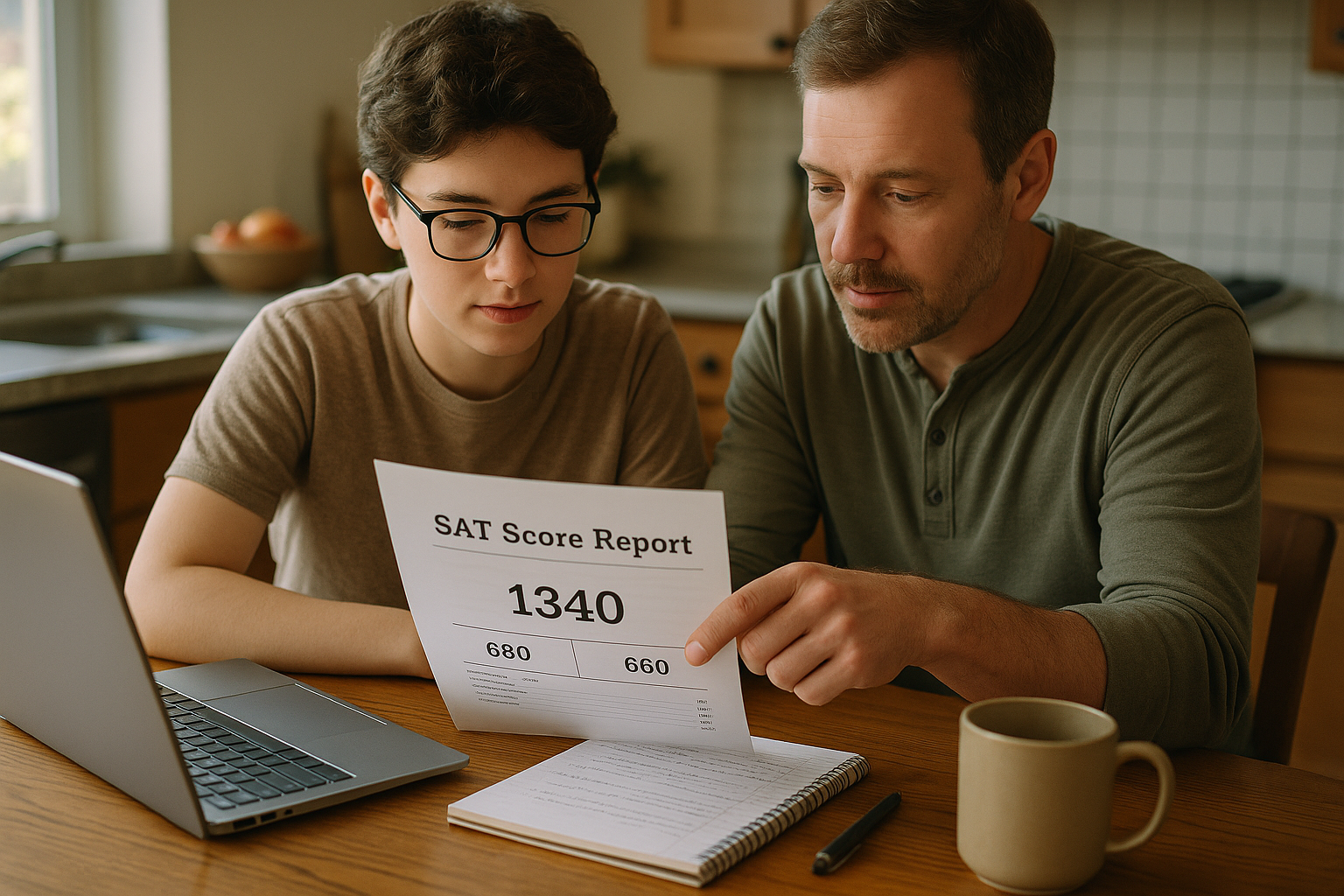 Photo Idea : A student and parent sitting at a kitchen table reviewing a printed SAT score report together, with a laptop and a notepad nearby.