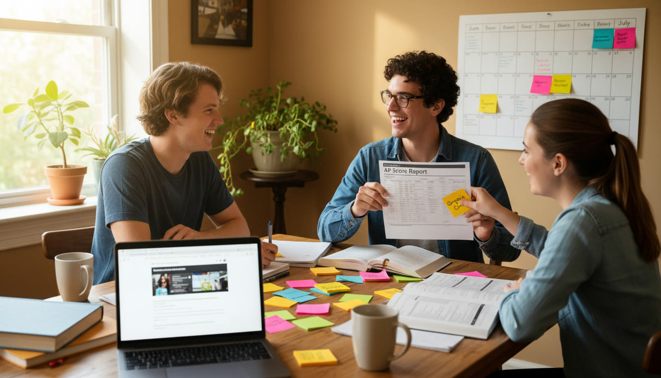 Photo Idea : A warm, optimistic photo of a small study group (two students and one tutor) around a kitchen table, with sticky notes, a calendar, and a printed AP score report. They look engaged and collaborative—capturing the mixture of coaching, planning, and friendly accountability that makes summer study sustainable.