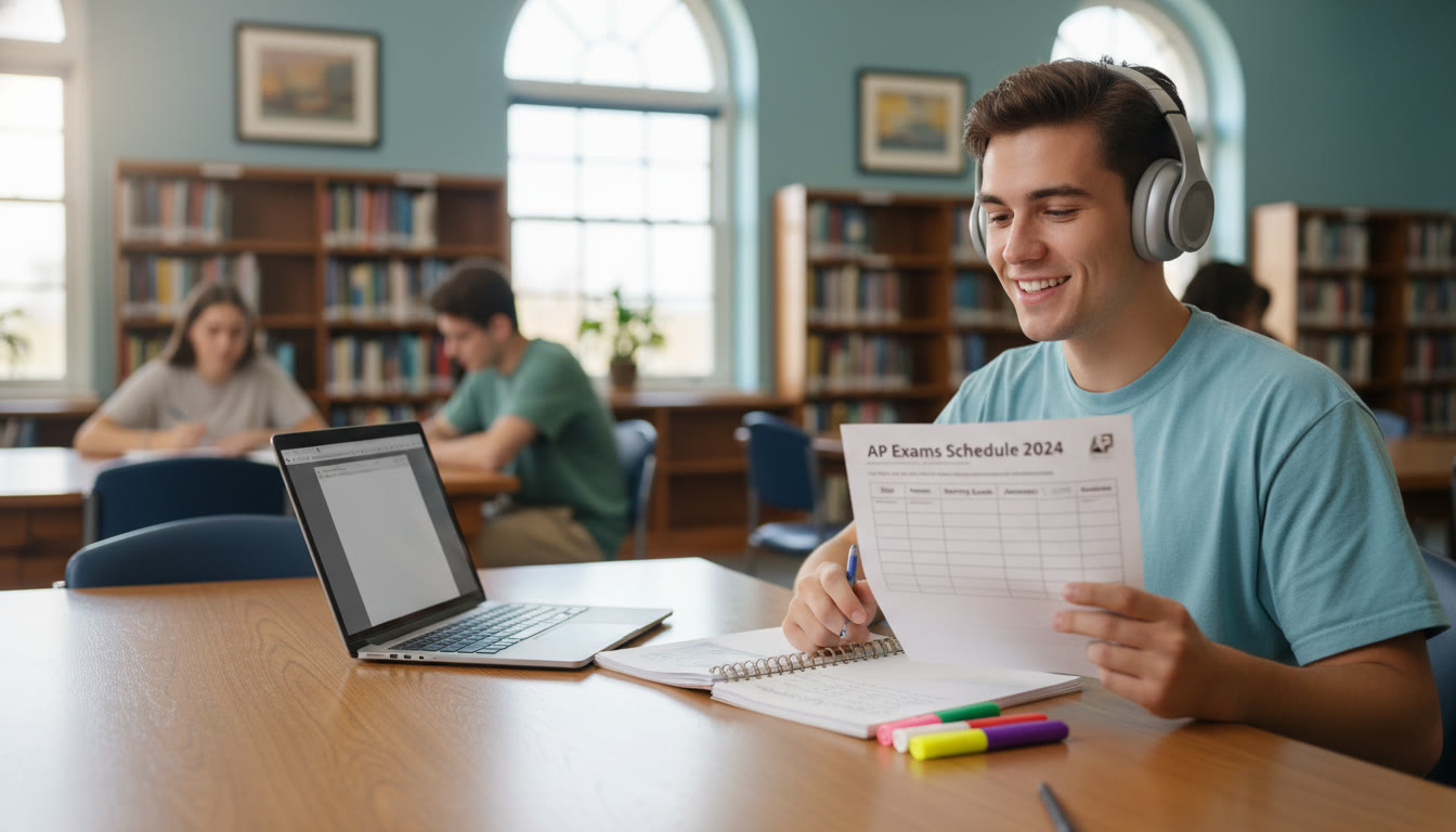 Photo Idea : A calm study scene in a high school library — a student with headphones, notebook, and laptop, glancing at a printed AP exam schedule. This image should appear near the top of the article to make the topic relatable and immediate.