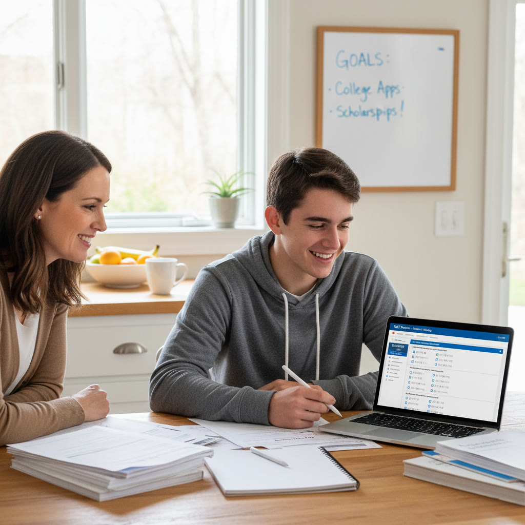 Photo Idea : A focused high school student studying at a kitchen table with a laptop, digital SAT practice screen visible, and a parent nearby looking over application materials — natural light, relaxed but purposeful mood.