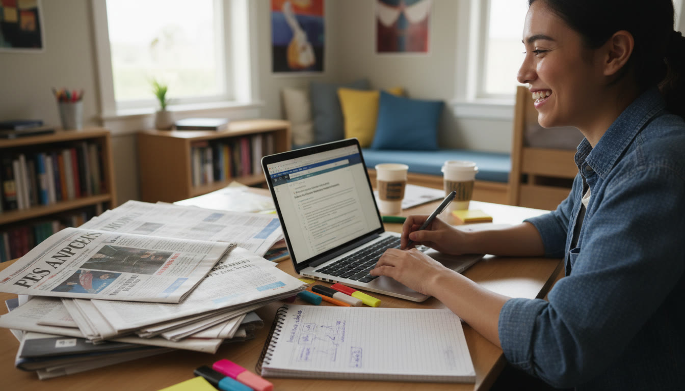 Photo Idea : A close-up of a student preparing a source-based essay on a laptop with printed articles and handwritten outline notes visible—an image that conveys focused, organized presentational preparation.