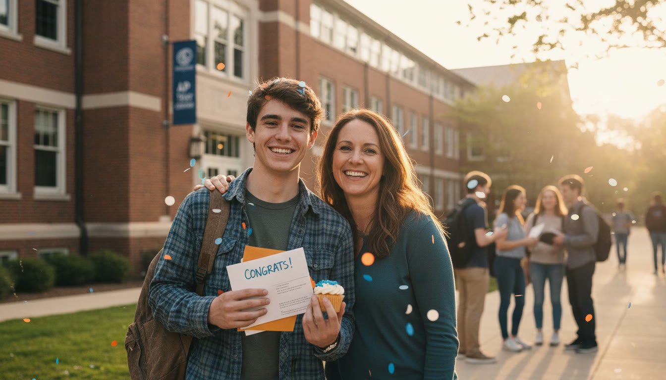Photo Idea : A cozy, end-of-test-day photo of a student outside the test center smiling with a parent capturing relief and a small post-exam celebration, reinforcing that exams are milestones, not verdicts.