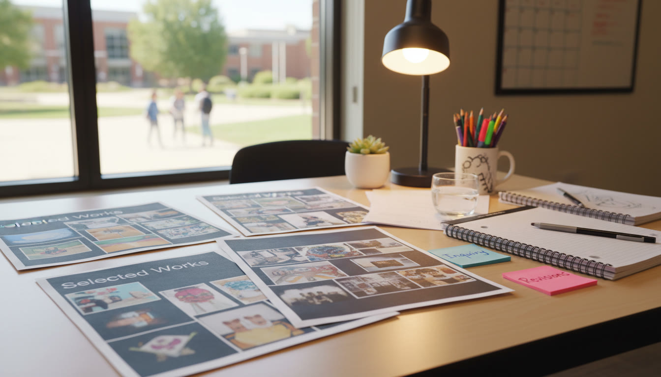 Photo Idea : A calm, organized workspace with printed Selected Works laid out on a table next to notes labeled 