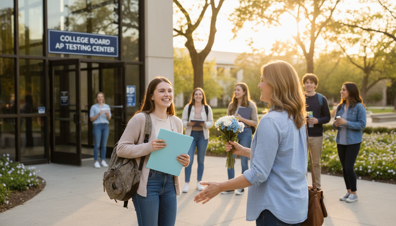 Photo Idea : An uplifting image of a student exiting a testing center, smiling, with a supportive parent waiting nearby — capturing relief and proud calm after an exam.